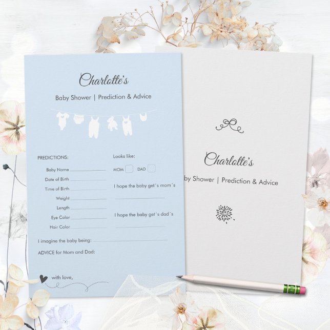 Ljusblått minimalistiskt spel för gissningar på ba (Light Blue Minimalist Baby Boy Shower Predictions Game ©Susanne Sachers - Sunny Mind 🌞)