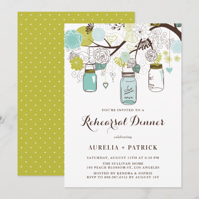 Ljusblått och Grönt Mason Burk Rehearsal Dinner Inbjudningar (Fram/baksida)