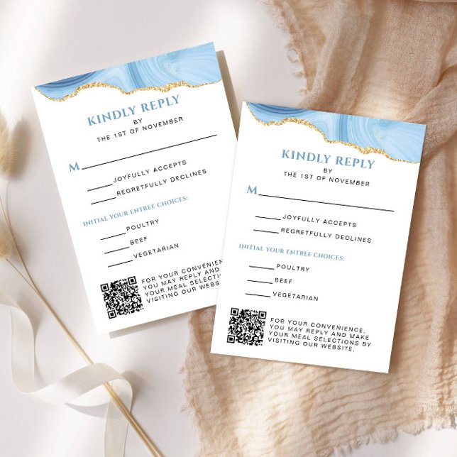 Ljusblått och Guld Agate Bat mitzvah Lodrät OSA Kort (Light Blue and Gold Agate Vertical Reply Card)