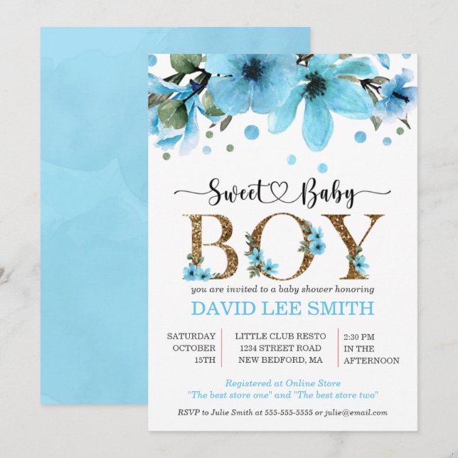 Ljusblått och guld vattenfärgsbarn Boy-dusch (Fram/baksida)