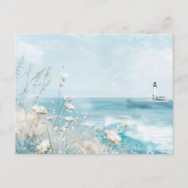 ljusblått och vitt kustlandskap vykort