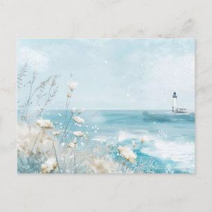 ljusblått och vitt kustlandskap vykort