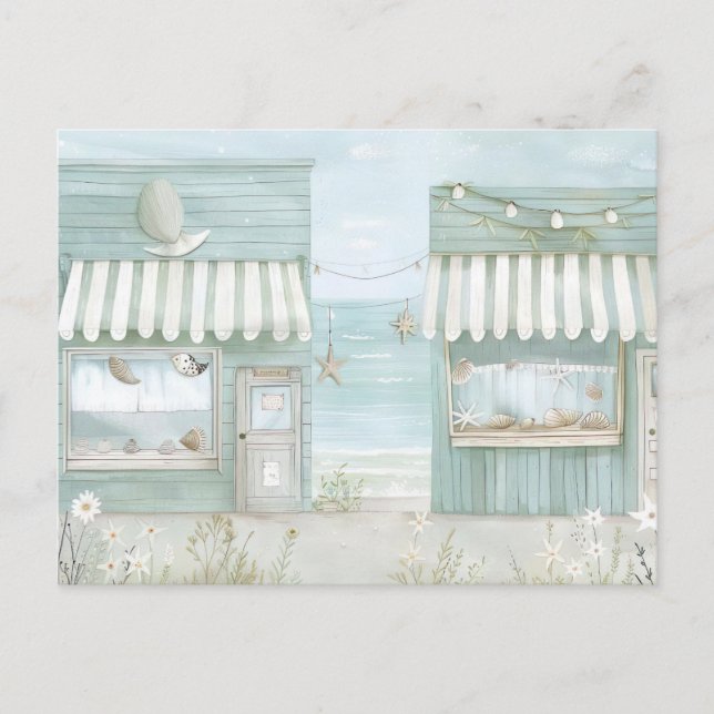 ljusblått och vitt kustlandskap vykort (Framsida)