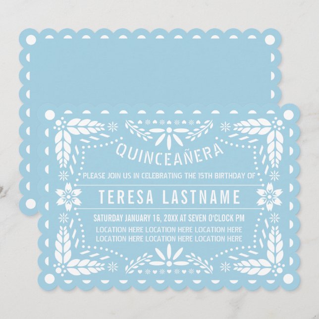 Ljusblått och vitt papel picado Quinceañera Inbjudningar (Fram/baksida)
