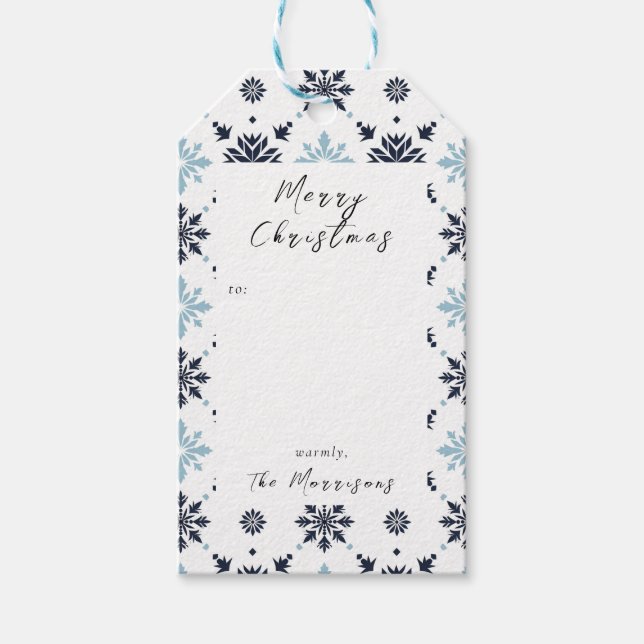 Ljusblått och vitt snöflingor, Anpassningsbar Presentetikett (Framsidan)