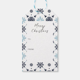 Ljusblått och vitt snöflingor presentetikett
