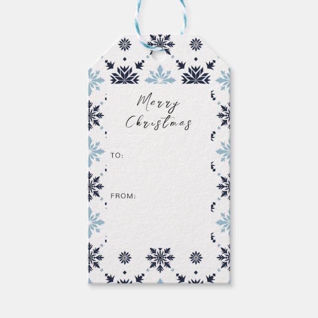 Ljusblått och vitt snöflingor presentetikett (Framsidan)