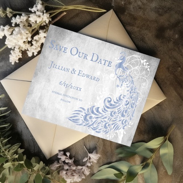 Ljusblått peacock Löv-vin Spara datum Meddelande (Light Blue Peacock Leaf Vine Save the Date)