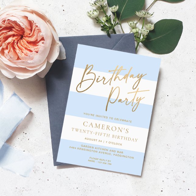 Ljusblått Rand Guld Inbjudningar (Birthday Party Invitation Stripe )