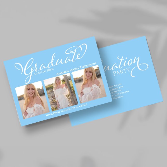 Ljusblått skript fotokollage examenskort inbjudningar (Modern light blue multi photo graduation announcement shown on phone preview.)