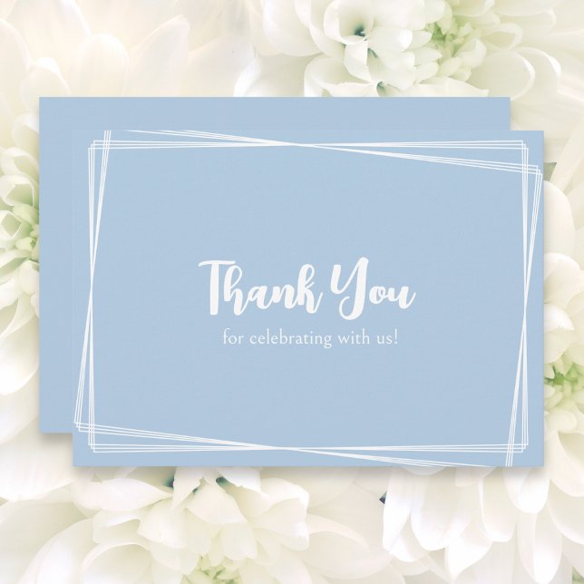 Ljusblått Snyggt, geometriskt Ram Bröllop Tack Kort (A wedding Thank You card, in dusty blue, with elegant white border design and white typography)
