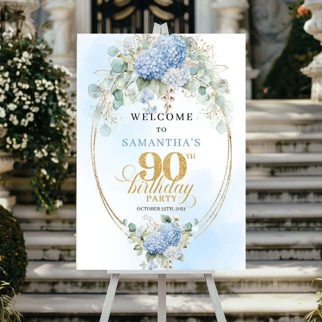 Ljusblommig eukalyptus 90-års välkomstskylt poster (Light Blue Floral Eucalyptus 90th birthday welcome)