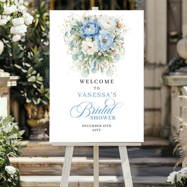 Ljusblommig Eukalyptus Guld Bröllopsdusch Välkomme Poster (Light Blue Eucalyptus Gold Bridal Shower Welcome)