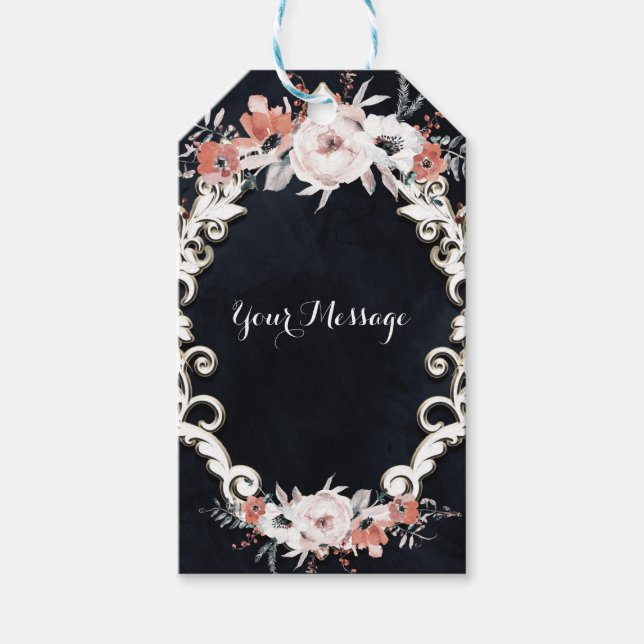 Ljusblommig Mörk Krit Elegant Vinterbröllop Presentetikett (Framsidan)