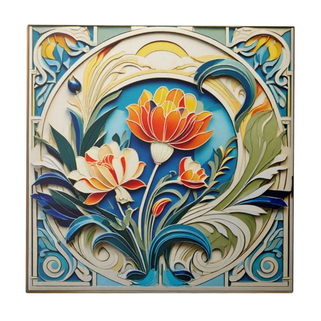 Ljusblommor Art Deco Ceramic Tile Kakelplatta (Framsidan)