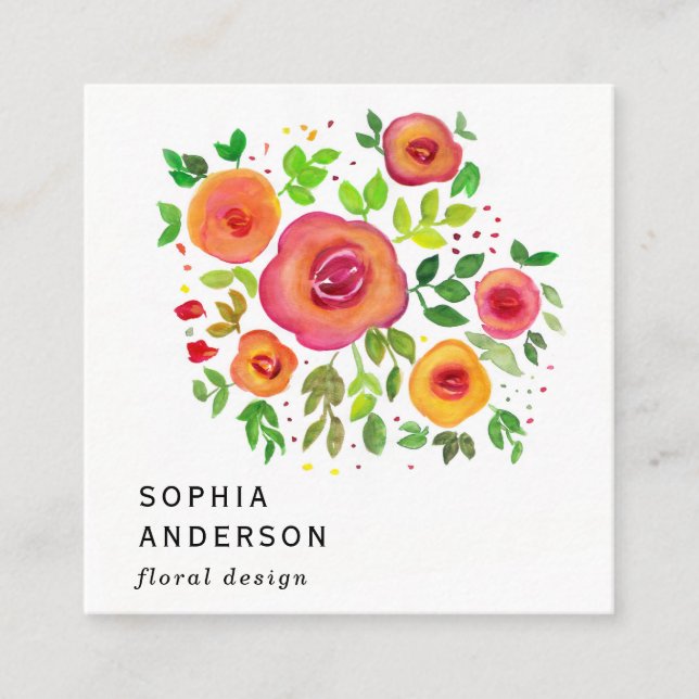 Ljusblommor, Blommigt Bouquet, vattenfärgsfärg Fyrkantigt Visitkort (Framsida)