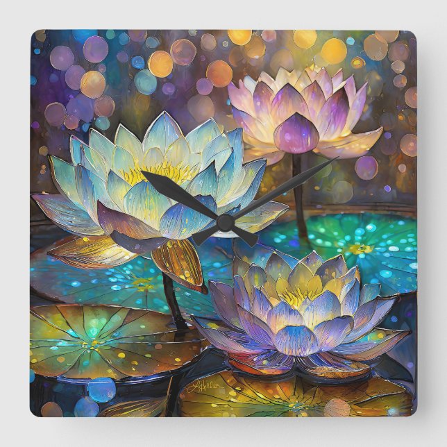 Ljusblommor Lotus Trio Fyrkantig Klocka (Framsida)