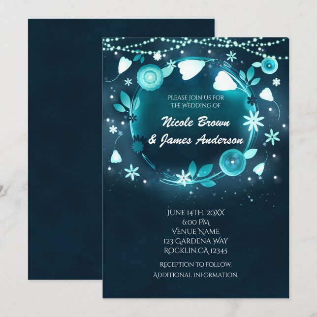 Ljusblommor Natt Whimsical Trädgård Bröllop Inbjudningar (Fram/baksida)