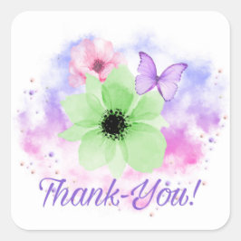 Ljusblommor och fjäril, vattenfärgsbakgrund fyrkantigt klistermärke