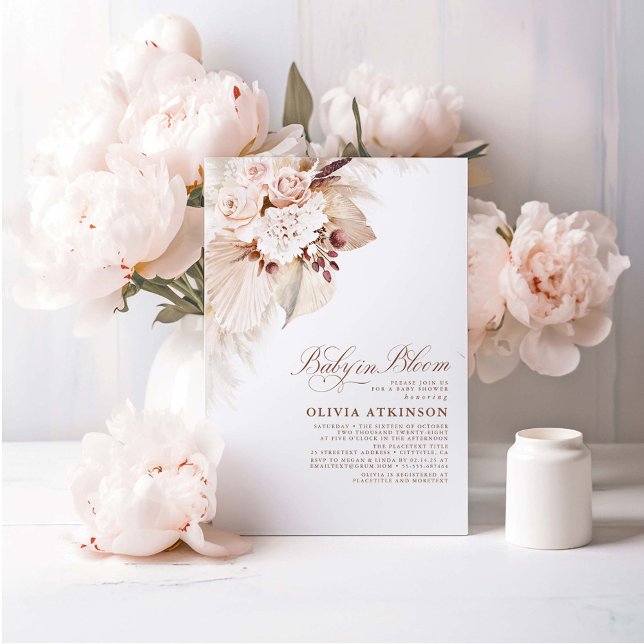 Ljusblommor och Pampas Grass Boho Baby Shower Inbjudningar (Baby in Bloom Cream Flowers Boho Baby Shower Invitations)
