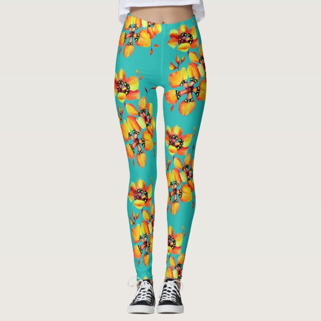 Ljusblommor - Orange - Aqua Leggings (Framsida)