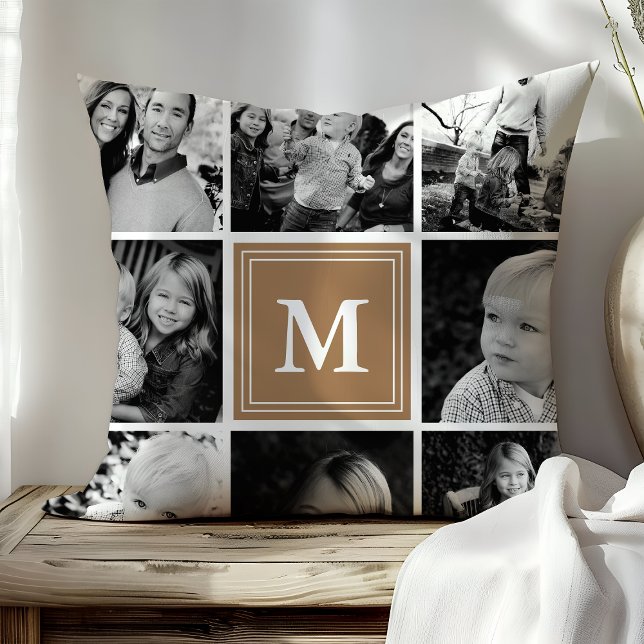 Ljusbrun Monogram Familjefoto Collage Kudde (Skapare uppladdad)