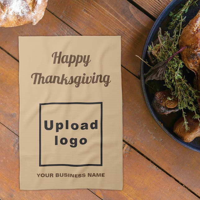 Ljusbrun | Thanksgiving | Företag | Kökshandduk (Business name and logo with Thanksgiving greeting on light brown kitchen towel)