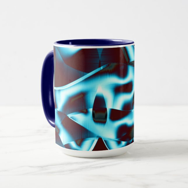 Ljuscyan på abstrakt och band upp mörk röd mugg (Framsida vänster)