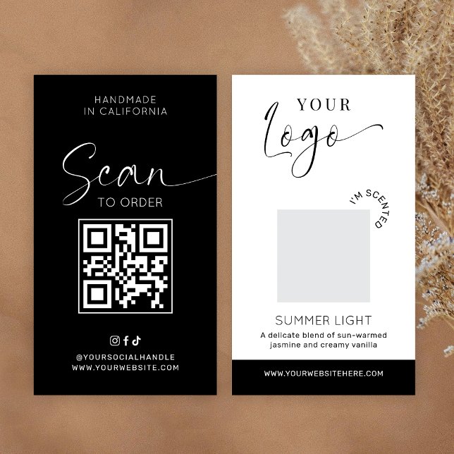Ljusdofttestkort Doftprov Minimalistisk Visitkort (Elegant modern scent sample cards in black and white with space for your logo and QR code)
