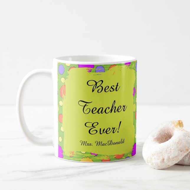 Ljusdrista prickar bästa läraren någonsin present kaffemugg (Med munk)