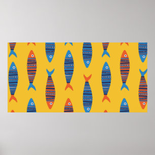 Ljuset fiskar sömlöst mönster. Seaside hand plocka Poster