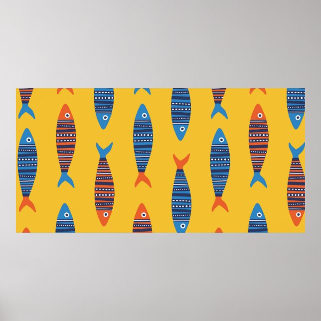 Ljuset fiskar sömlöst mönster. Seaside hand plocka Poster (Framsidan)