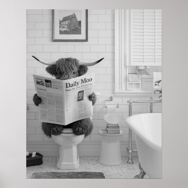 Ljuset Highland Cow Sitta på Toilet Bathroom Poster (Framsidan)