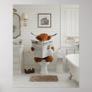 Ljuset Highland Cow Sitta på Toilet Bathroom Poster