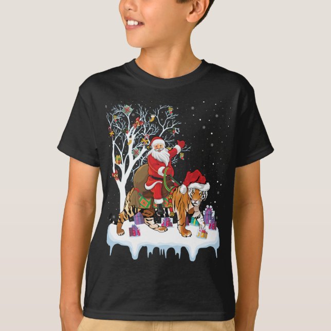 Ljuset Träd Santa Riding Tiger Kristus Julafton T Shirt (Framsida)