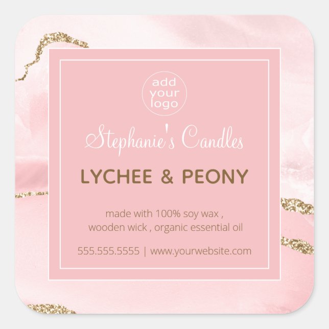 Ljusets etikett | Rosa Marble & Guld Glitter (Framsida)