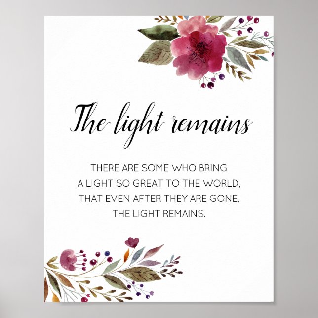 Ljusets kvarvarande Burgunderröda Blommiga Minnesm Poster (Framsidan)