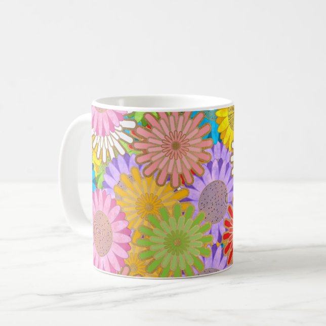 Ljusfärgad färgrik hektisk kaotisk hippieblommönst kaffemugg (Framsida vänster)
