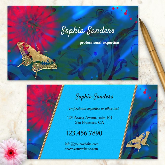 Ljusfärgad konstnärlig fjärilsaffärskort visitkort (A modern artistic business card in bright colors with a butterfly)