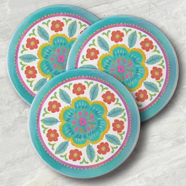 Ljusfärgad vattenfärg blommönster underlägg (Cute bright floral watercolor kitchen coasters. A pretty accent piece to your decor.)