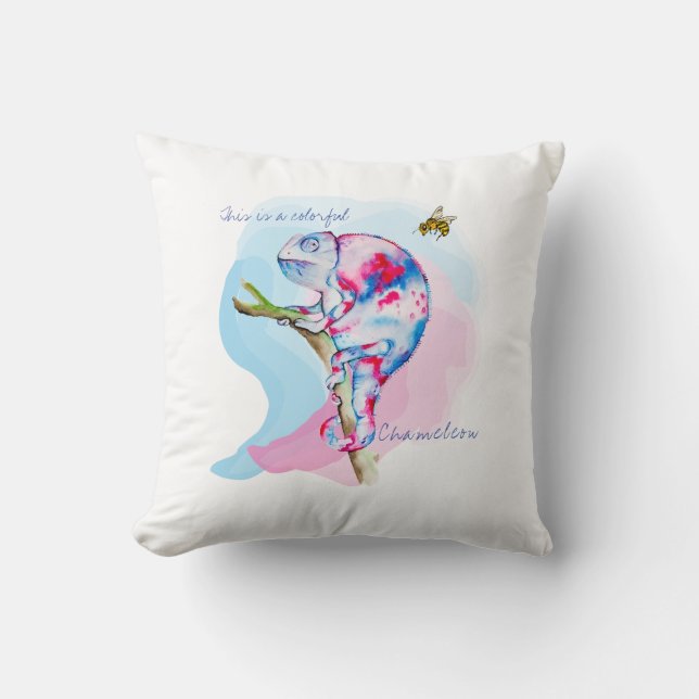 Ljusfärgad vattenfärgskameleon och bin. kudde (Framsida)