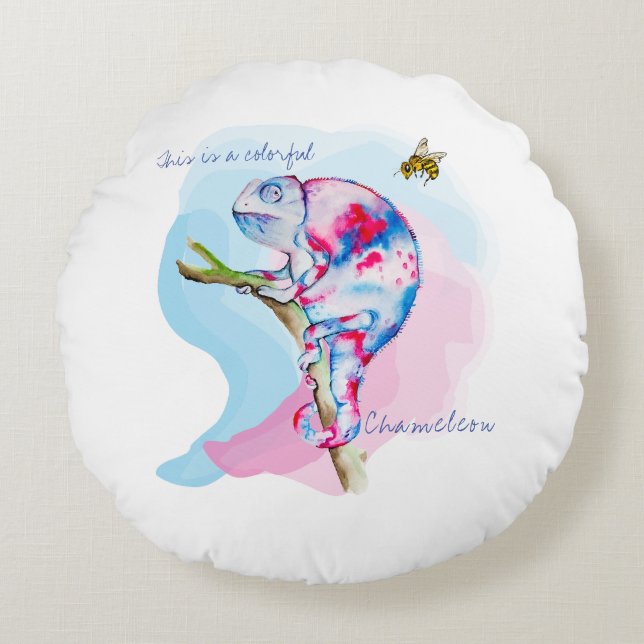 Ljusfärgad vattenfärgskameleon och bin. rund kudde (Framsidan)