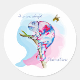 Ljusfärgad vattenfärgskameleon och bin. runt klistermärke