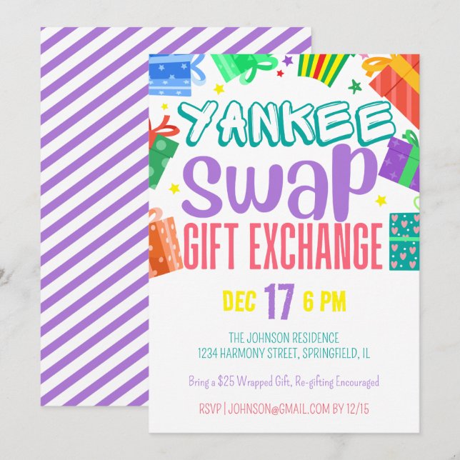 Ljusfärgad Yankee Swap-gåvoutbytesfest Inbjudningar (Fram/baksida)