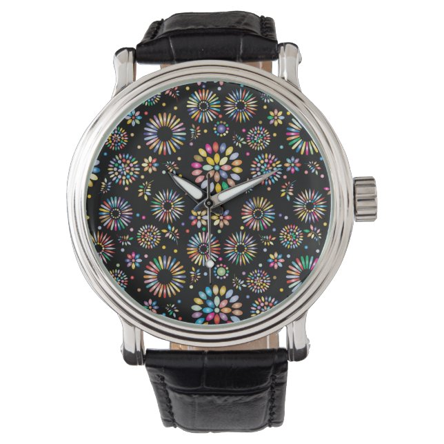 Ljusfärgade blomcirkelmönster på svart armbandsur (Framsida)