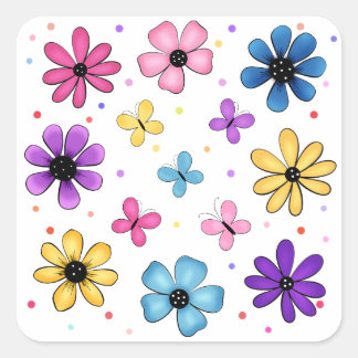 Ljusfärgade blommor och fjärilar fyrkantigt klistermärke