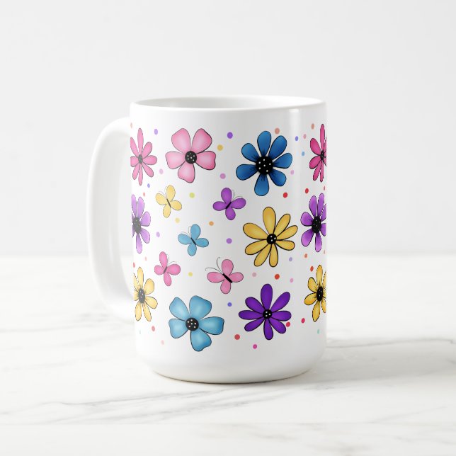 Ljusfärgade blommor och fjärilar kaffemugg (Framsida vänster)