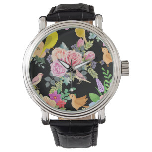 Ljusfärgade Fåglar och Blommor Konst på Svart Armbandsur