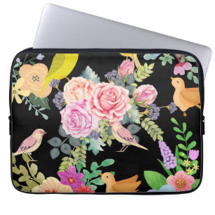 Ljusfärgade Fåglar och Blommor Konst på Svart Laptop Fodral