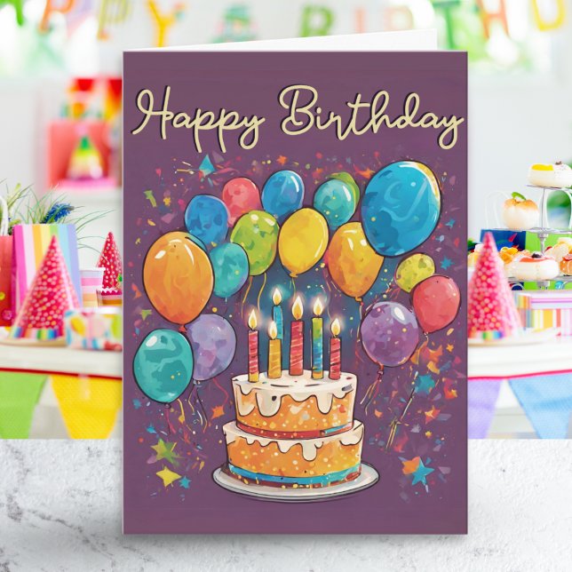 Ljusfärgade födelsedagsballonger för tårtkalas kort (A bright, colorful birthday card with picture of a cake with candles and balloons)